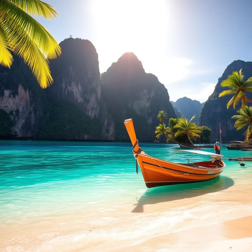 Bangka boat in turquoise water near limestone cliffs