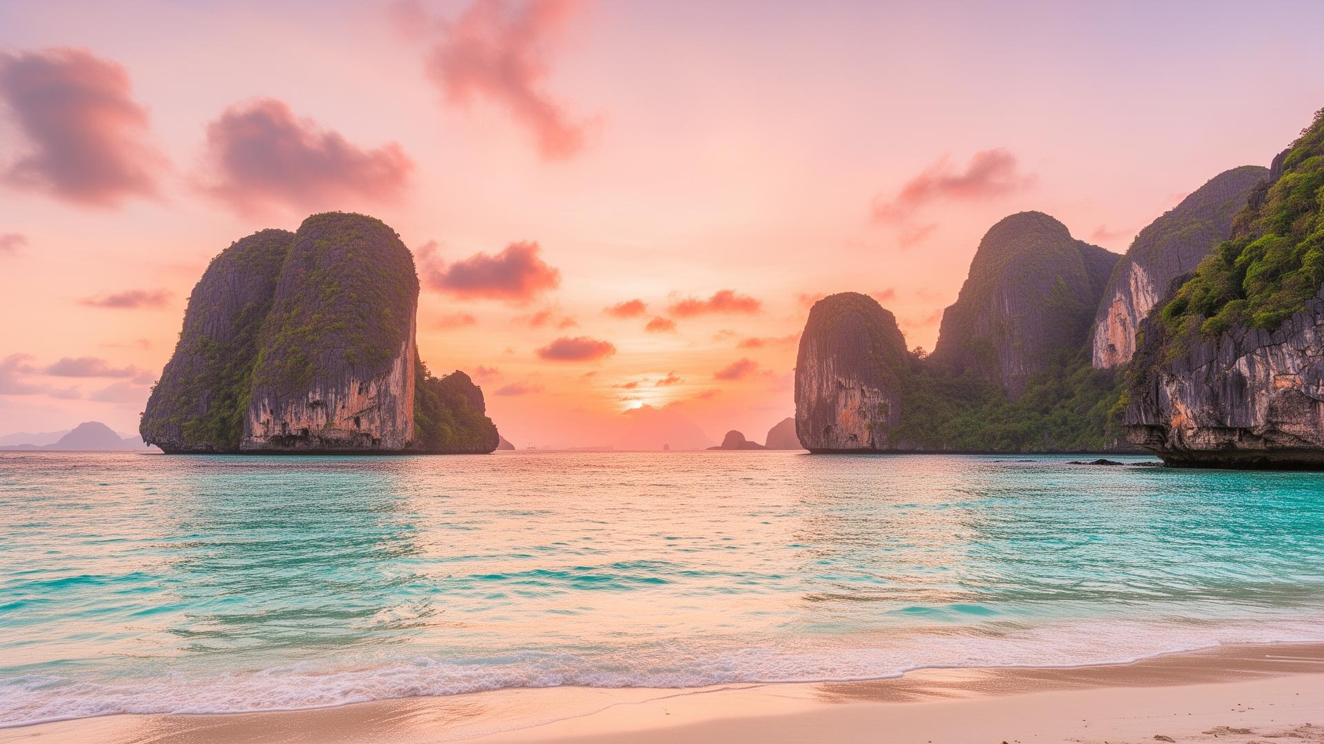 Sunset over turquoise sea and limestone cliffs in El Nido, Palawan