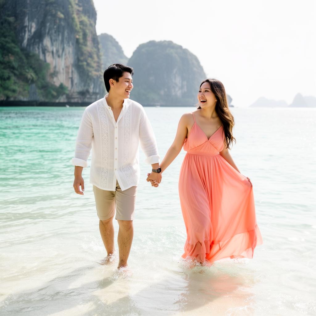 Marco and Sofia walking in shallow turquoise water